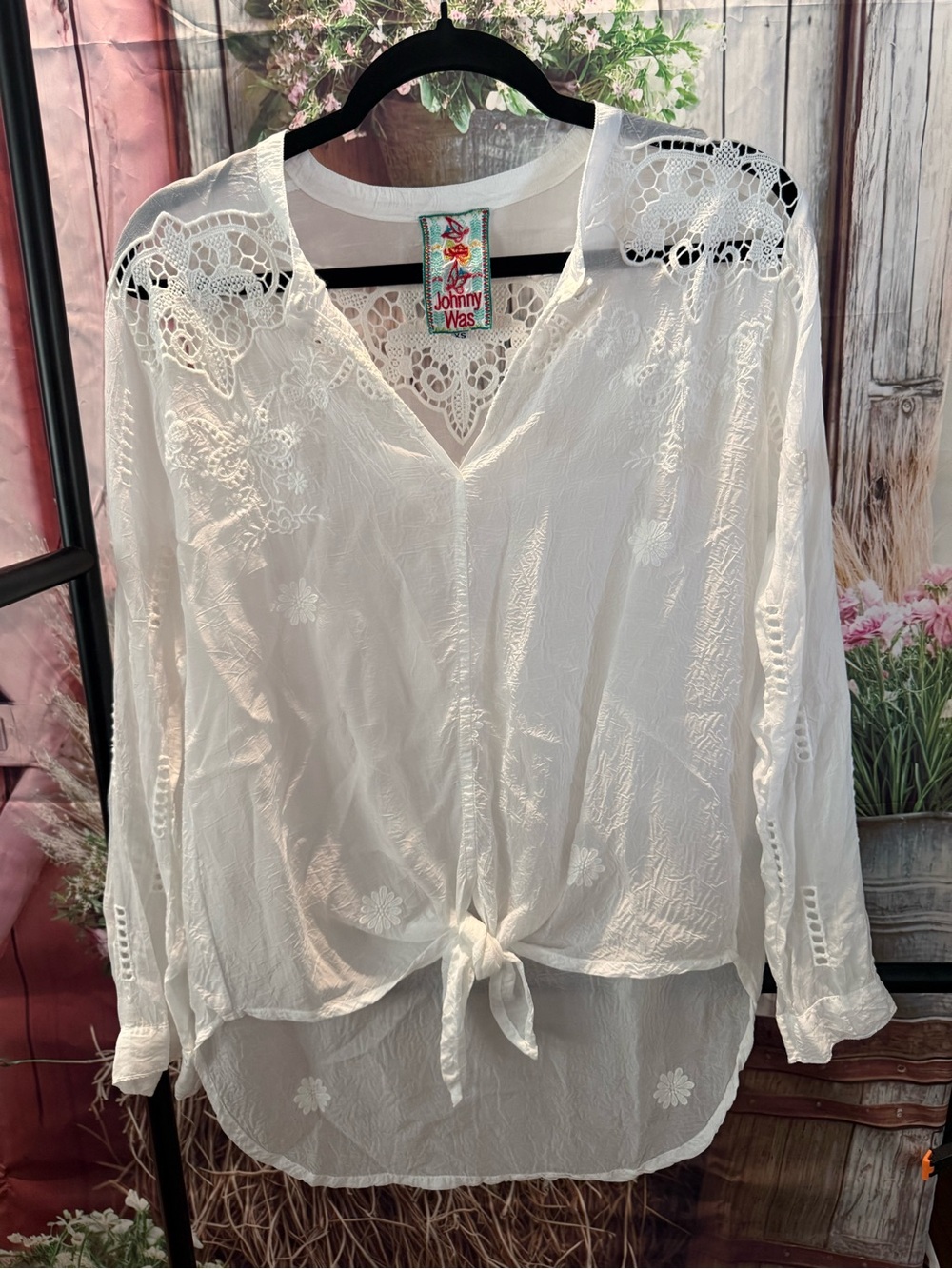Johnny Was White Lace-Detail Tie Front Blouse Size XSmall